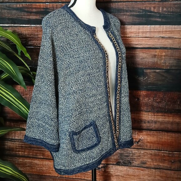 NWT Roz & Ali 2X Cardigan Sweater Knit Jacket Blazer Navy Chain Trim - Picture 4 of 13